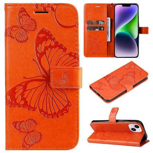 Saturcase Coque Pour Apple Iphone 15 Plus, Papillon Gaufrage Pu Cuir Magnétique Flip Portefeuille Support Porte-Carte Protecteur Housse Étui Avec Dragonne Pour Apple Iphone 15 Plus (Orange)