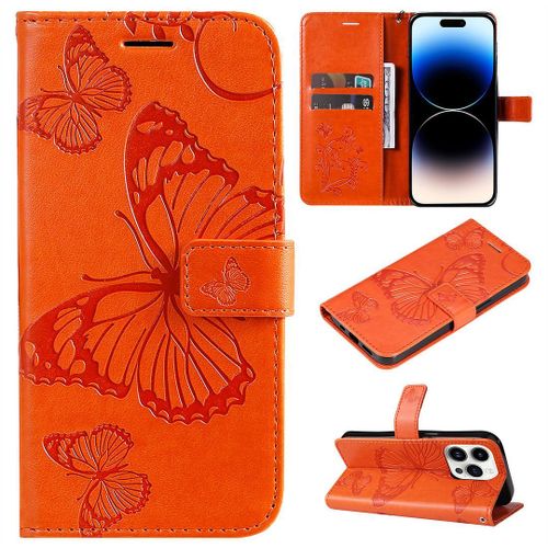 Saturcase Coque Pour Apple Iphone 15 Pro, Papillon Gaufrage Pu Cuir Magnétique Flip Portefeuille Support Porte-Carte Protecteur Housse Étui Avec Dragonne Pour Apple Iphone 15 Pro (Orange)