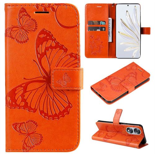 Saturcase Coque Pour Honor 70, Papillon Gaufrage Pu Cuir Magnétique Flip Portefeuille Support Porte-Carte Protecteur Housse Étui Avec Dragonne Pour Honor 70 (Orange)