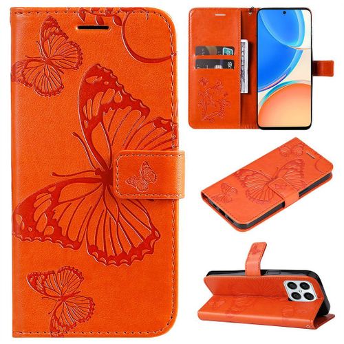 Saturcase Coque Pour Honor 70 Lite / X8 5g / X6 5g, Papillon Gaufrage Pu Cuir Magnétique Flip Portefeuille Support Porte-Carte Protecteur Housse Étui Avec Dragonne Pour Honor 70 Lite / X8 5g / X6 5g (Orange)