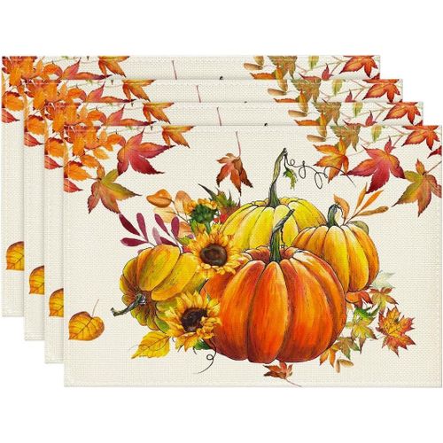 ERYI-Lot De 4 Sets De Table, Citrouilles, Feuilles D'Érable, Tournesols, Automne, Lavables, Décoration De Fête, Cuisine, 30 X 45 Cm