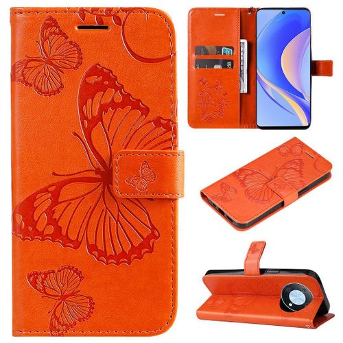 Saturcase Coque Pour Huawei Nova Y90, Papillon Gaufrage Pu Cuir Magnétique Flip Portefeuille Support Porte-Carte Protecteur Housse Étui Avec Dragonne Pour Huawei Nova Y90 (Orange)