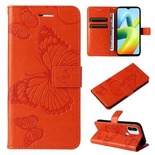Saturcase Coque Pour Xiaomi Redmi A1 Plus, Papillon Gaufrage Pu Cuir Magnétique Flip Portefeuille Support Porte-Carte Protecteur Housse Étui Avec Dragonne Pour Xiaomi Redmi A1 Plus (Orange)