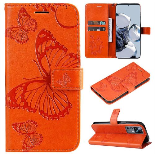 Saturcase Coque Pour Xiaomi 12t / 12t Pro, Papillon Gaufrage Pu Cuir Magnétique Flip Portefeuille Support Porte-Carte Protecteur Housse Étui Avec Dragonne Pour Xiaomi 12t / 12t Pro (Orange)