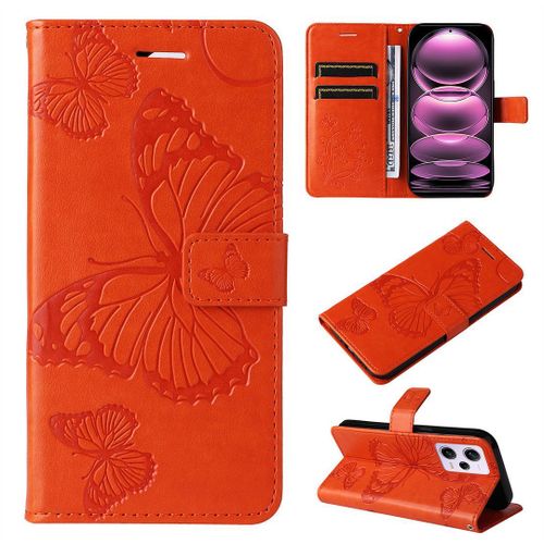 Saturcase Coque Pour Xiaomi Poco X5 Pro 5g, Papillon Gaufrage Pu Cuir Magnétique Flip Portefeuille Support Porte-Carte Protecteur Housse Étui Avec Dragonne Pour Xiaomi Poco X5 Pro 5g (Orange)