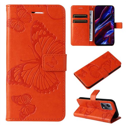 Saturcase Coque Pour Xiaomi Poco X5 5g, Papillon Gaufrage Pu Cuir Magnétique Flip Portefeuille Support Porte-Carte Protecteur Housse Étui Avec Dragonne Pour Xiaomi Poco X5 5g (Orange)