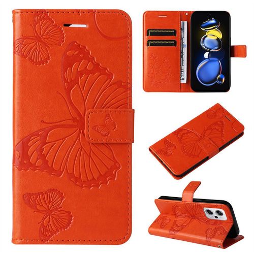 Saturcase Coque Pour Xiaomi Redmi Note 11 Pro Plus, Papillon Gaufrage Pu Cuir Magnétique Flip Portefeuille Support Porte-Carte Protecteur Housse Étui Avec Dragonne Pour Xiaomi Redmi Note 11 Pro Plus (Orange)