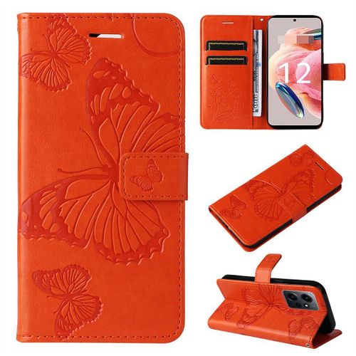 Saturcase Coque Pour Xiaomi Redmi Note 12 4g, Papillon Gaufrage Pu Cuir Magnétique Flip Portefeuille Support Porte-Carte Protecteur Housse Étui Avec Dragonne Pour Xiaomi Redmi Note 12 4g (Orange)