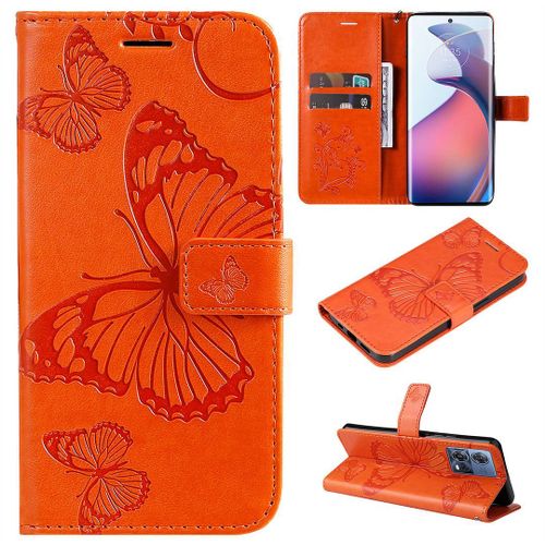 Saturcase Coque Pour Motorola Edge 30 Fusion, Papillon Gaufrage Pu Cuir Magnétique Flip Portefeuille Support Porte-Carte Protecteur Housse Étui Avec Dragonne Pour Motorola Edge 30 Fusion (Orange)