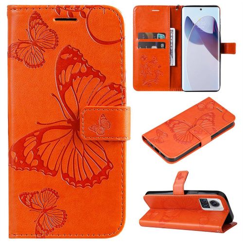 Saturcase Coque Pour Motorola Edge 30 Ultra, Papillon Gaufrage Pu Cuir Magnétique Flip Portefeuille Support Porte-Carte Protecteur Housse Étui Avec Dragonne Pour Motorola Edge 30 Ultra (Orange)
