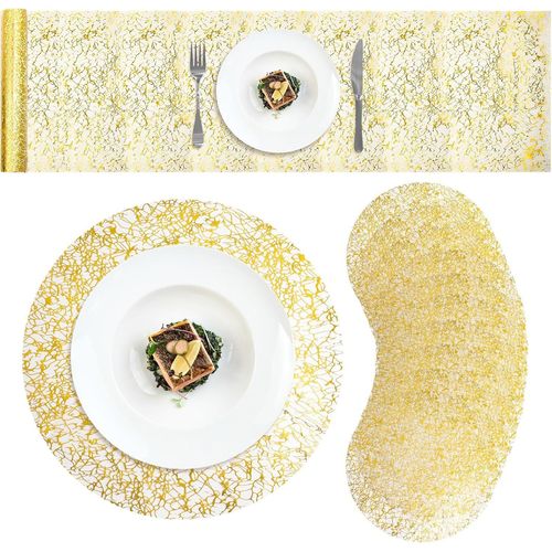 Eryi-Lot De 11 Sets De Table Jetables À Motif De Branches Dorées - Chemin De Table En Maille Pailletée - Décoration De Table En Maille Dorée Métallique