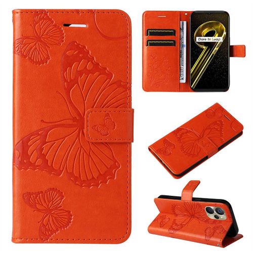 Saturcase Coque Pour Realme 10 5g / Realme 9i 5g, Papillon Gaufrage Pu Cuir Magnétique Flip Portefeuille Support Porte-Carte Protecteur Housse Étui Avec Dragonne Pour Realme 10 5g / Realme 9i 5g (Orange)