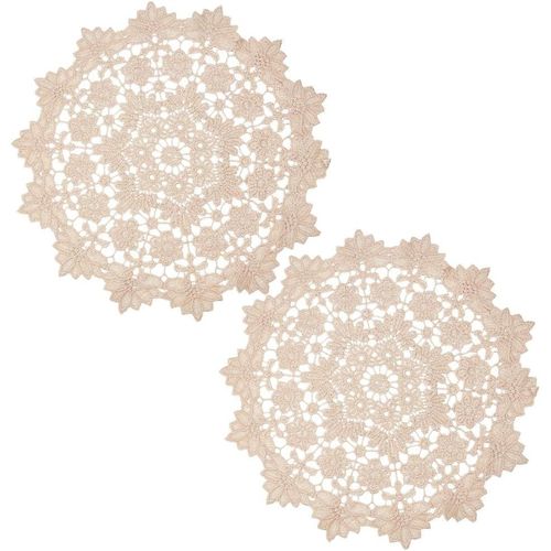 Eryi-2 Napperons Ronds En Dentelle De 35cm De Diamètre Grands Dessous De Verre Ronds En Dentelle Au Crochet Vintage Beige Feuilles Florales Brodées Sets De Table Pour Cuisine Salle À Manger