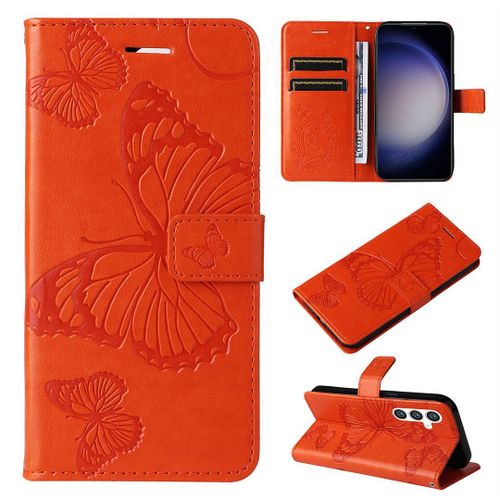 Saturcase Coque Pour Samsung Galaxy S23 Fe, Papillon Gaufrage Pu Cuir Magnétique Flip Portefeuille Support Porte-Carte Protecteur Housse Étui Avec Dragonne Pour Samsung Galaxy S23 Fe (Orange)
