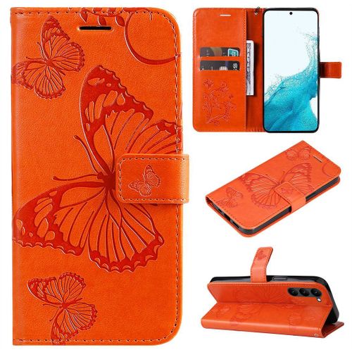 Saturcase Coque Pour Samsung Galaxy S23 Plus, Papillon Gaufrage Pu Cuir Magnétique Flip Portefeuille Support Porte-Carte Protecteur Housse Étui Avec Dragonne Pour Samsung Galaxy S23 Plus (Orange)