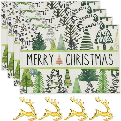 ERYI-Set De Table De Noël, Table Lavables, Sets Table Pour Petit Déjeuner 45X30 Cm, Décoration De Table, Sets De Table Imprimés En Coton Et Lin Pour Fête (4 Sapins De Noël + 4 Boucles De Serviettes)