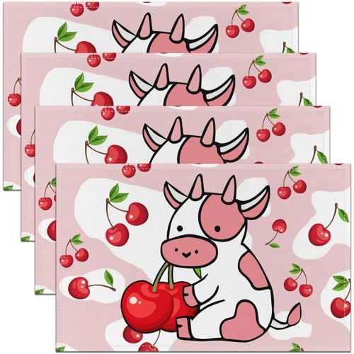 ERYI-Lot De 4 Sets De Table Motif Vache Au Lait Et Cerise Pour Filles - Motif Vache À Lait - Rouge Et Rose - 45 X 30 Cm