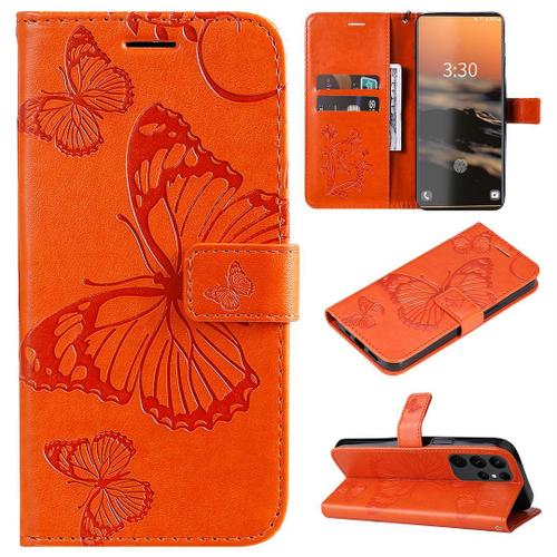 Saturcase Coque Pour Samsung Galaxy S23 Ultra, Papillon Gaufrage Pu Cuir Magnétique Flip Portefeuille Support Porte-Carte Protecteur Housse Étui Avec Dragonne Pour Samsung Galaxy S23 Ultra (Orange)