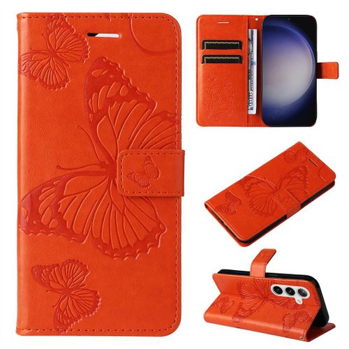 Saturcase Coque Pour Samsung Galaxy S24 Plus, Papillon Gaufrage Pu Cuir Magnétique Flip Portefeuille Support Porte-Carte Protecteur Housse Étui Avec Dragonne Pour Samsung Galaxy S24 Plus (Orange)