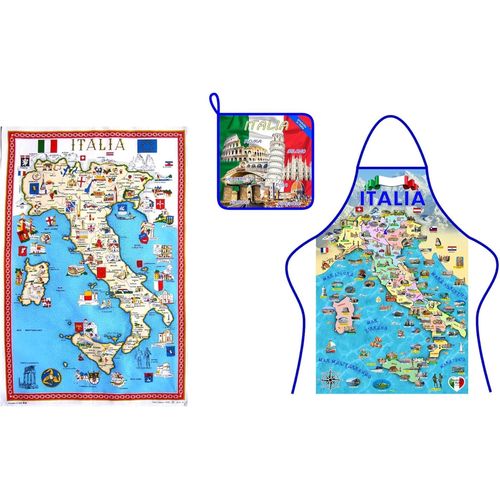 Eryi-Set Tablier Torchon Manique 3 Pièces Coton Cuisine Italie Fabriqué En Italie Produits Italiens, Cadeau Carte, Assortis, M