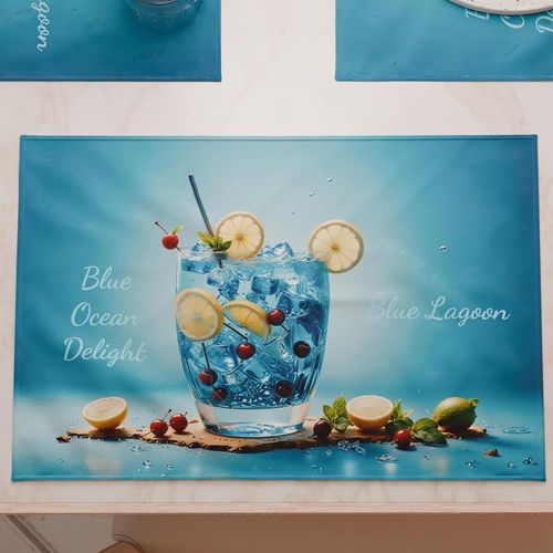 Eryi-- Sets De Table Américains Avec Impression Numérique, Sets De Table Américains En Tissu Et Lavables (Lot De 6 À 30 X 45 Cm) Blue Lagoon, 100% Fabriqué En Italie