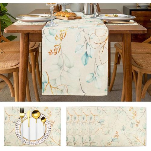 ERYI-Chemin De Table Eucalyptus Lavable Avec 4 Sets De Table, Décoration De Table De Cuisine, 30 X 180 Cm
