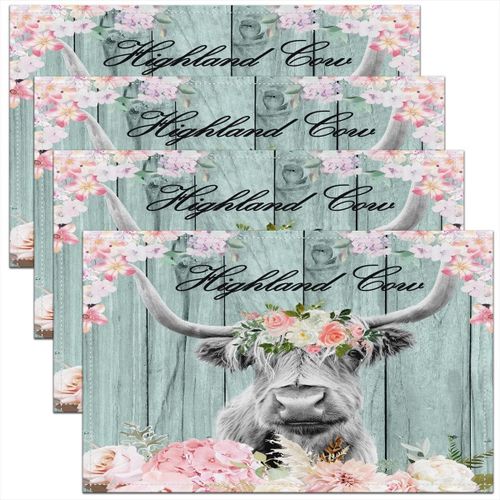 Eryi-Lot De 4 Sets De Table En Bois Rustique Motif Vache Highland Pour Cuisine, Salle À Manger, Intérieur Et Extérieur, 45 X 30 Cm
