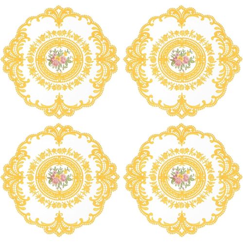 Eryi-4 Sets De Sets De Table En Dentelle Rétro, Napperons Crochetés Français Ronds Brodés Creux Pour Tasse Vase De Table Pour Salle À Manger Cuisine Fête 28x28cm, Jaune