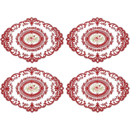 ERYI-Lot De 4 Sets De Table Ovales Brodés En Dentelle Rétro 30,5 X 40,6 Cm - Rouge