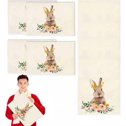 Eryi-Chemin De Table Pâques & Décoration De Table Pour Pâques - Ensemble De 4 Sets De Table En Lin Et Une Nappe Décorative - Idéal Pour La Cheminée, Parfaite Décoration De Pâques - Lavables Chemin