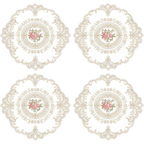 ERYI-4 Sets De Sets De Table En Dentelle Rétro, Napperons En Crochet Français Ronds Brodés Creux Pour Tasse Vase De Table De Salle À Manger Cuisine Fête 28X28Cm, Marron