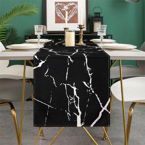 Eryi-Chemin De Table Printemps Moderne Noir Marbre Gris Texture Chemin De Table Rustique Ferme Abstraite Table Basse Salle À Manger Décorative Pour Mariage Vacances Cuisine Fête 33x183 Cm