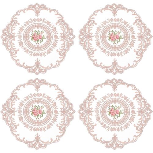 Eryi-4 Sets De Sets De Table En Dentelle Rétro, Napperons Ronds En Crochet Français Brodés Creux Pour Tasse Vase De Table De Salle À Manger Cuisine Fête 28x28cm, Rose