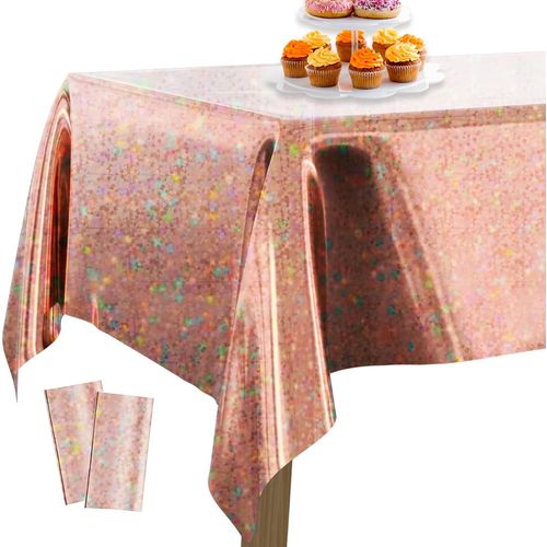 Eryi-Nappe En Feuille D'aluminium Or Rose, Lot De 2 Nappes Irisées À Pois, 137 X 274 Cm / 54 X 108 Pouces Nappe Rectangulaire Lavable Pour Table De 6 À 8 Pieds, Nappe Pour Anniversaire, Mariage