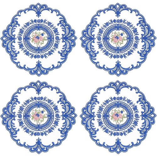 Eryi-4 Sets De Sets De Table En Dentelle Rétro, Napperons En Crochet Français Ronds Brodés Creux Pour Tasse Vase De Table Pour Salle À Manger Cuisine Fête 28x28cm, Bleu Saphir
