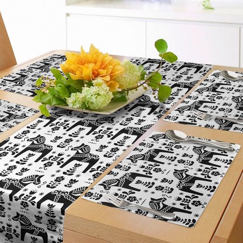 ERYI-Chemin De Table Nordique & Sets De Table 4 Pièces, Art Populaire Suédois Avec Silhouettes De Cheval Dalecarlian Et Motifs, Ensemble De Décoration De Table, 180 X 40 Cm, Noir Et Blanc