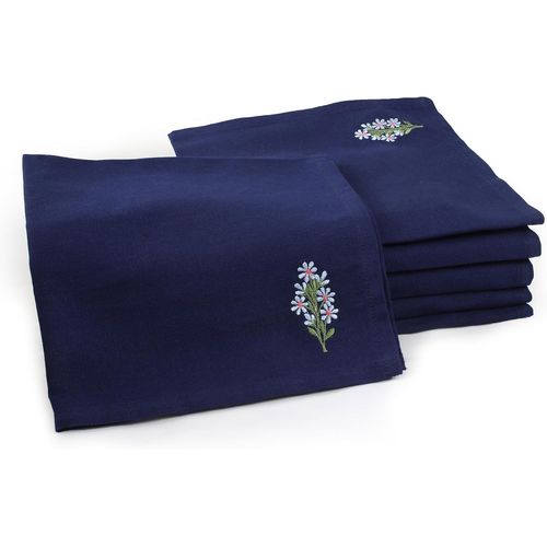 Eryi-Lot De 6 Serviettes De Table | Serviettes En Coton 43x43 Cm | Fleur Bleue Écossaise Broderie