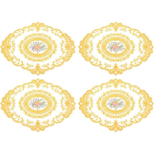 Eryi-4pack Sets De 4 Sets De Table En Dentelle Rétro Ovale Brodés 30x40 Cm Napperons Français Au Crochet Dessous De Verre Pour Maison Mariage, Jaune