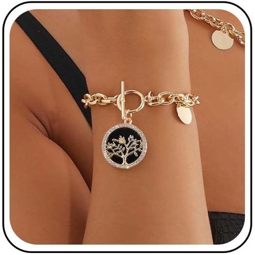 Eryi-Bracelet Vintage Avec Pièces De Monnaie En Forme D'arbre Bracelet À Maillons En Or Pendentif Pièce De Monnaie En Cristal Cz Fermoir À Bascule Bracelets À Disque Rond Pendants Bijoux De Chaîne