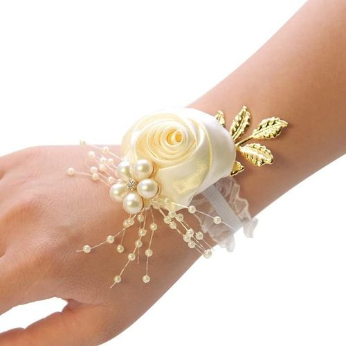 Eryi-Bracelet De Poignet De Mariage - Bracelet Floral - Main - Rose - Perle - Bracelet De Mariage - Fleurs - Bracelet Pour Femme Et Fille - Cadeau De Mariée - Demoiselle D'honneur - Noël - Fête De