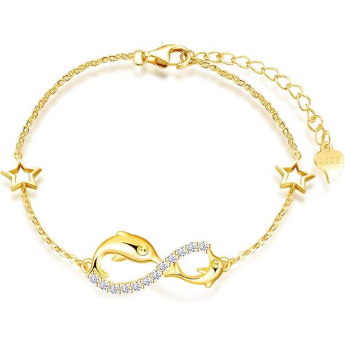 Eryi-Bracelet En Argent 925 Pour Femme Et Fille - Symbole De L'infini Avec Dauphin Mignon, Décoré De Diamant, C?ur Ou Étoile - Zircon Incrusté, Or, Élément Animal