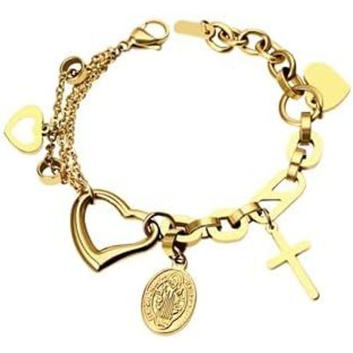 Eryi-Bracelet Croix Marie Pour Femme : Or Bracelet Réglable En Acier Inoxydable Vierge Marie Avec 3 C?urs Différents Chaîne De Prière Mia Fiore Chapelet Bijoux Chrétiens Catholiques Pour Femme Mère