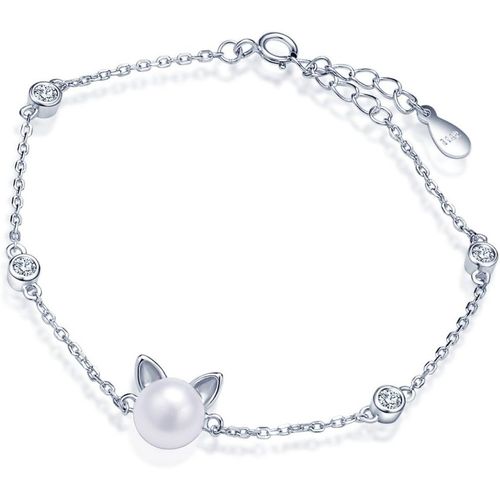 Eryi-Bracelet Extensible Femme En Argent 925 Zirconium Et Perle La Forme Du Chat Et Cercle Brillant La Chaîne De Maillon Est Élégante