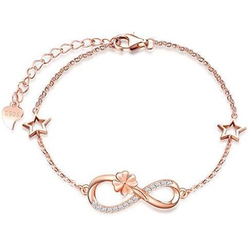 Eryi-Bracelet De Femme Fille, Bracelet En Argent 925, Bracelet De Symbole Infini Et De Trèfle Chanceux, Avec L'étoile Creuse, Zircon Incrusté, Chaîne Ajustable, Bracelet De Fleur