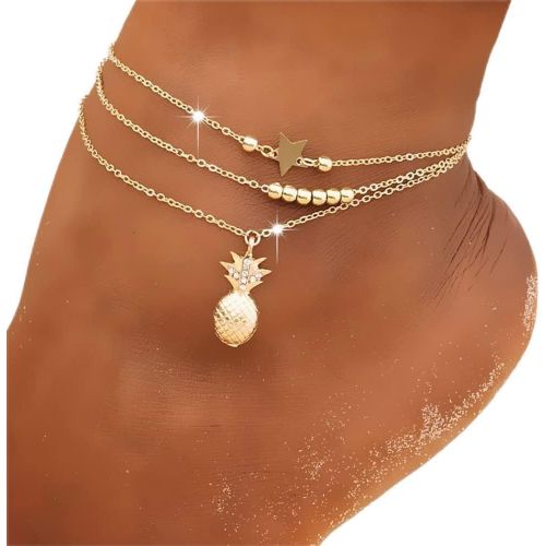 Eryi-Soleil Lune Bracelet Cheville Multicouche Ananas Amour Tortue Cheville Perles D'été Accessoire Plage Pied Femme Fille Bijoux (Chaîne De Pied Ananas Doré)