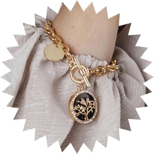 Eryi-Chunky Chain Bracelet Chaîne À Maillons Dorés Ot Fermoir Bracelet Strass Disque Charm Bracelet Pièce Pendentif Fermoir À Bascule Bracelet Bijoux Pour Femmes Filles(Arbre Noir-Or)