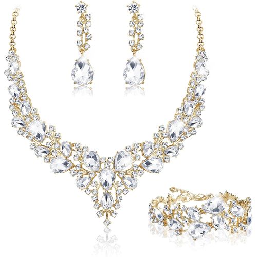 Eryi-Parure Mariage Bijoux Pour Femme Cristal Mariée Collier Vintage Strass Boucle D'oreille Et Bracelet Ensemble Mariage Fiançailles Mariée Demoiselle D'honneur Fantaisie Cadeau Bijoux