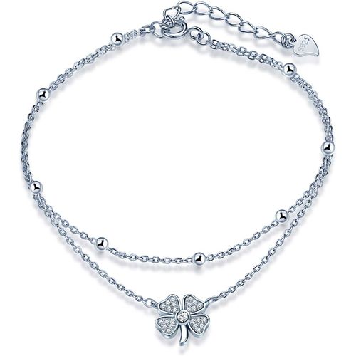 Eryi-Bracelet De Cheville, Bracelet De Cheville Pour Femme Fille, En 925 Argent, Bracelet De Trèfle, Avec Les Perles, Double Chaînes, Couleur D'argent