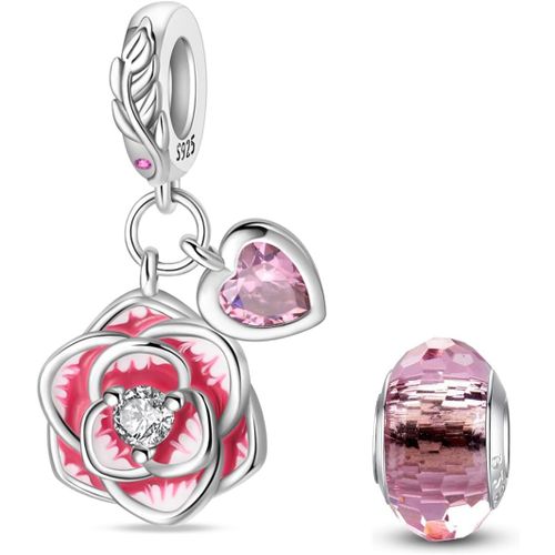 Eryi-Argent 925 Sterling Rose Fleur Charme Carte Tarot Pendentif Bead Charms Femme Pour Fit Pandora Bracelets Européens Colliers Bijoux Saint-Valentin Cadeau