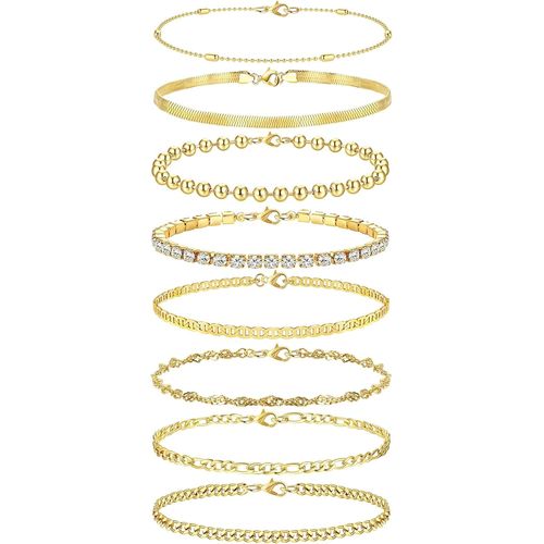 Eryi-8 Pièces Bracelet Femme Or Bracelet Acier Inoxydable Femme Bracelet Plaqué Or 14k Bracele Gourmette Twist Figaro Tennis Empilables Réglable Bracele Chaîne Bijoux Femme
